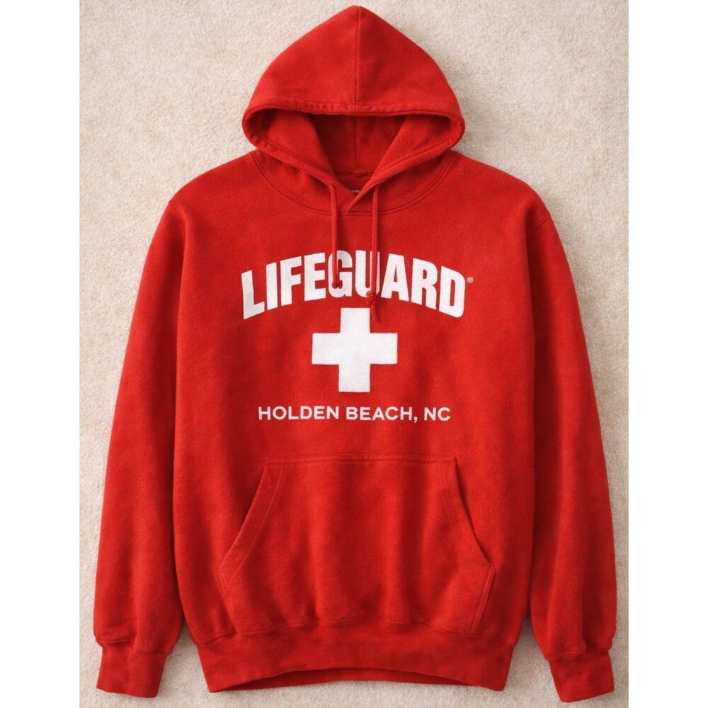 Holden Beach Lifeguard Hoodie L Red NC North Carolina Beach Pullover Mens